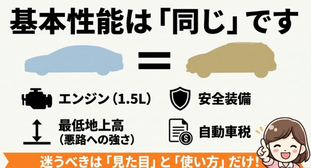 新型フリードAIRとクロスターはエンジンや安全装備など基本性能が共通であることを示すスライド