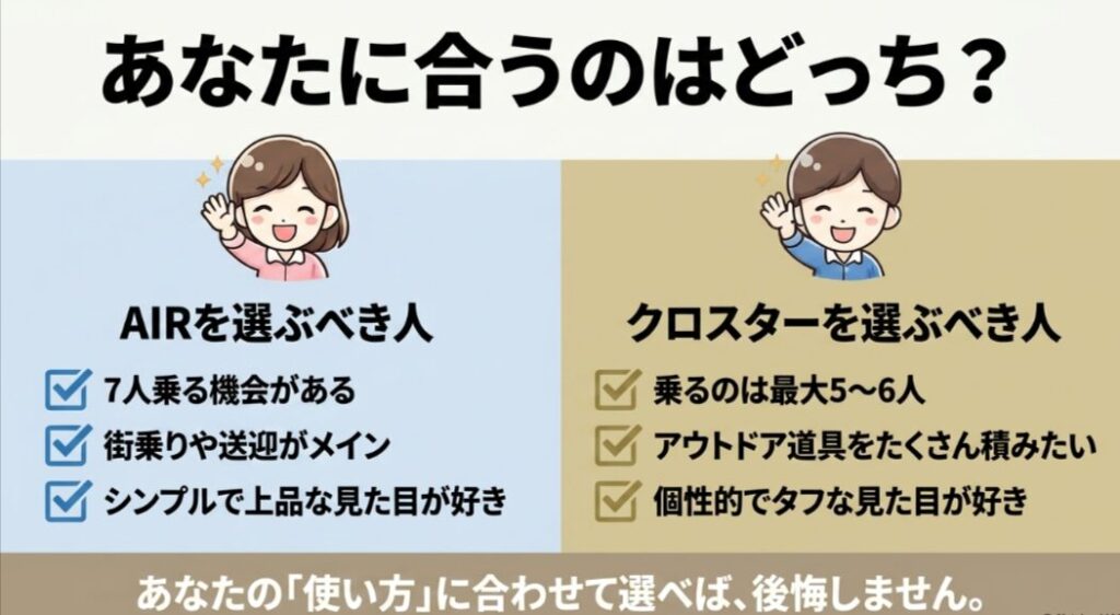 新型フリードAIRが向いている人とクロスターが向いている人を用途別に整理したスライド