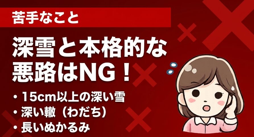 フリードクロスター4WDは15cm以上の深雪や深い轍や長いぬかるみに注意が必要なことを示す画像