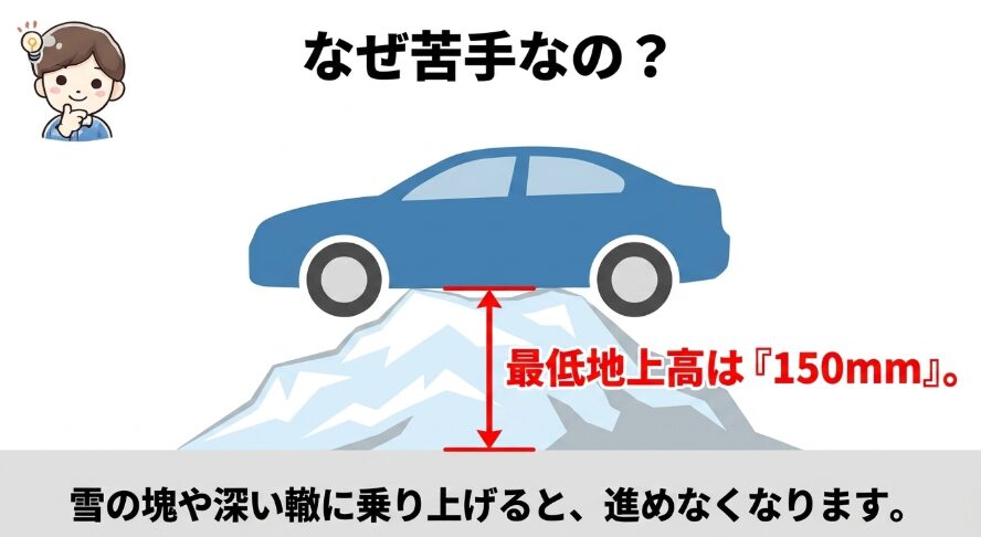 フリードクロスター4WDの最低地上高150mmと雪の塊や深い轍で進めなくなるリスクを説明する画像