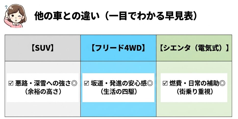 SUVとフリード4WDとシエンタ電気式4WDの雪道や悪路での違いを比較した早見表