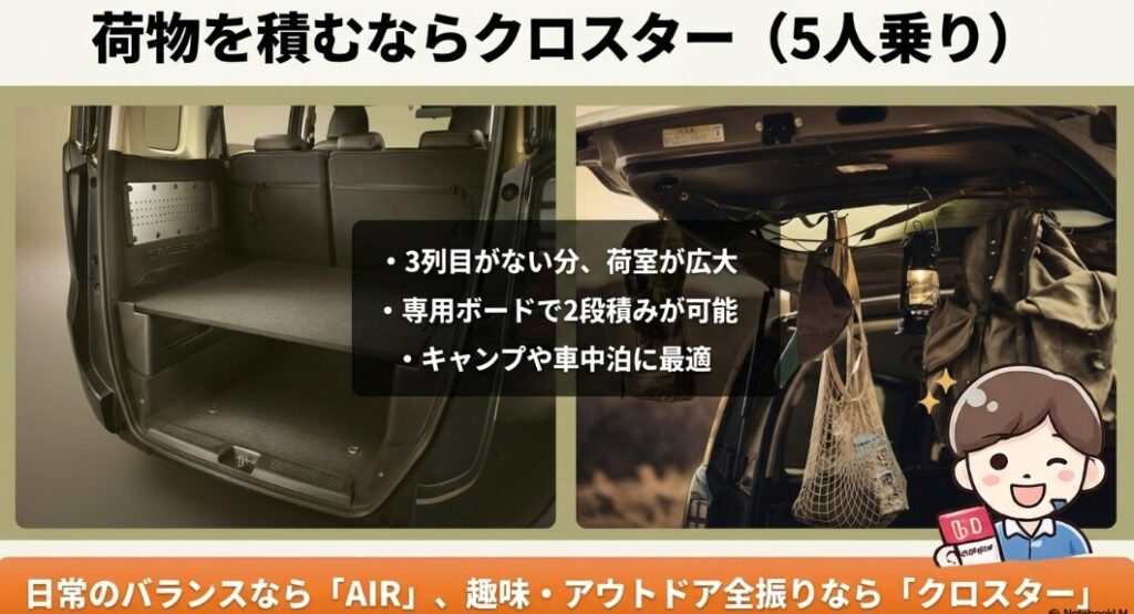 新型フリードクロスター5人乗りは3列目がなく荷室を広く使いやすいことを説明するスライド