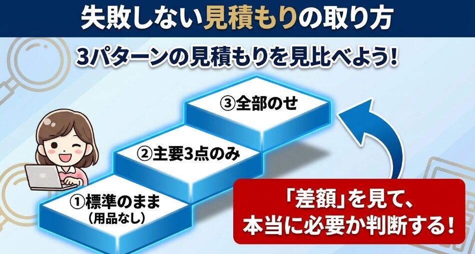 標準車と主要三点仕様とアクティブタフスタイル全装着の三つの見積もりを比較する手順