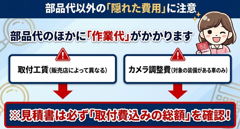 アクティブタフスタイルで部品代以外に取付工賃とカメラ調整費がかかることを示す注意図