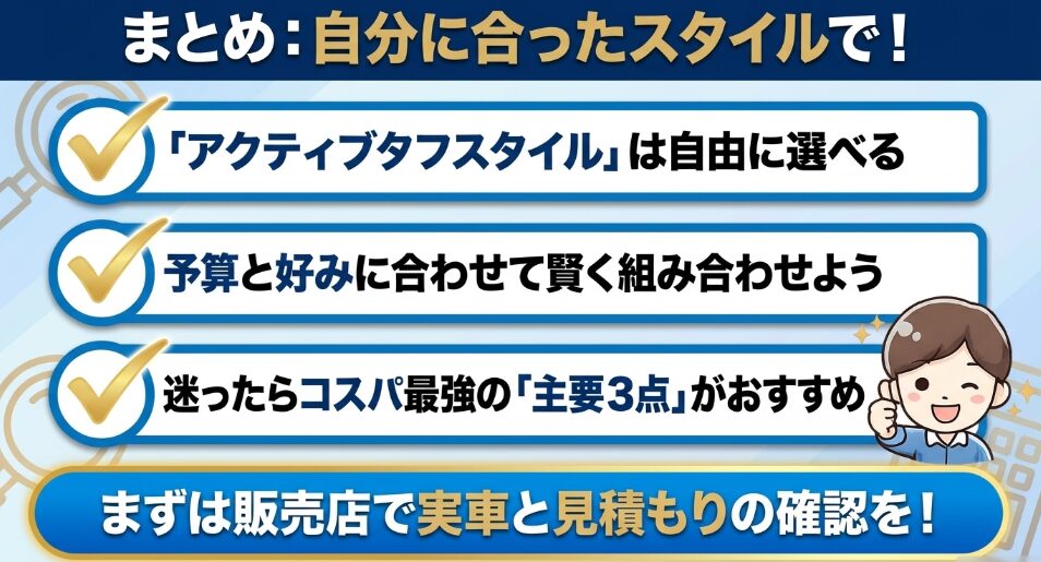 アクティブタフスタイルは予算と好みで選び主要三点を候補にできることをまとめた図
