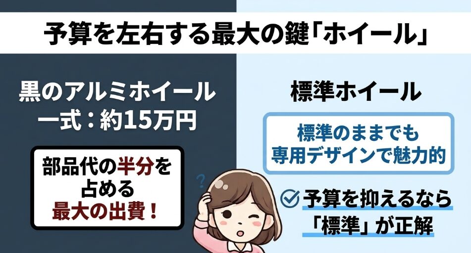 約15万円のブラックアルミホイール一式とクロスター標準ホイールを比較した図