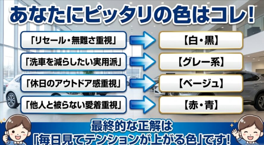 リセール重視、洗車を減らしたい人、アウトドア感重視、愛着重視ごとにおすすめカラーを整理したスライド