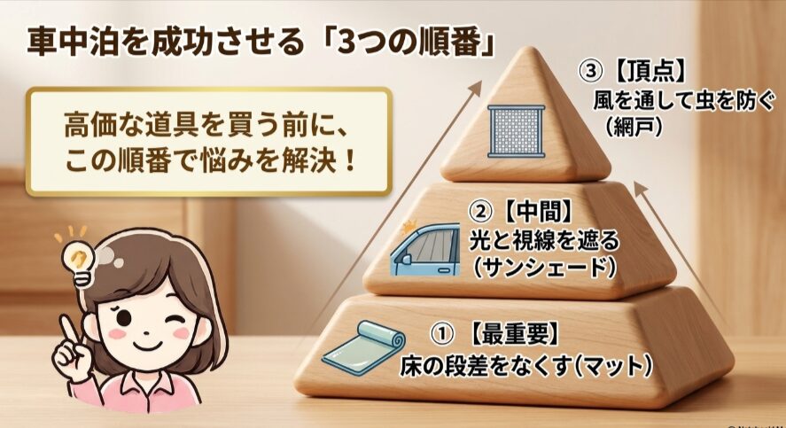 車中泊用品をマット、サンシェード、網戸の順に揃える考え方