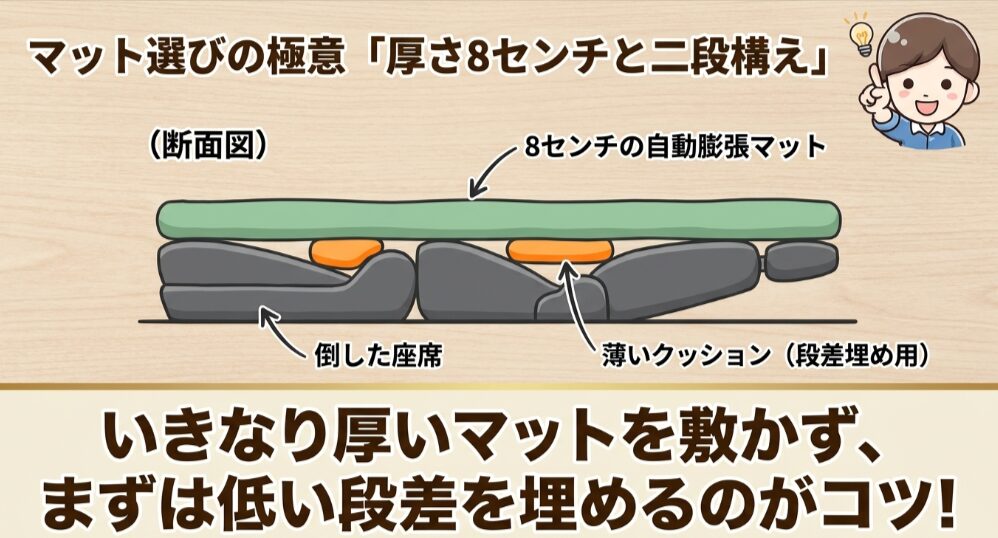 低い段差を薄いクッションで埋め、その上に厚さ8cmの自動膨張マットを敷く断面図
