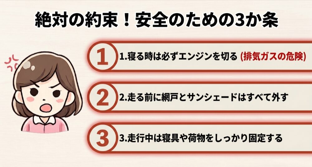 就寝時のエンジン停止、走行前の網戸撤去、走行中の寝具と荷物の固定を示す車中泊の安全ルール