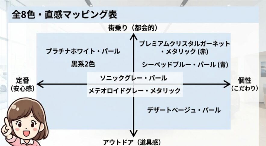 フリードクロスター全8色を定番、個性、街乗り、アウトドアの軸で比較したマッピング表