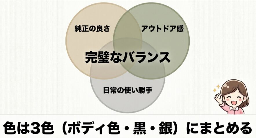 純正の良さ、アウトドア感、日常の使い勝手を両立し、ボディーカラー・黒・シルバーの3色にまとめる考え方