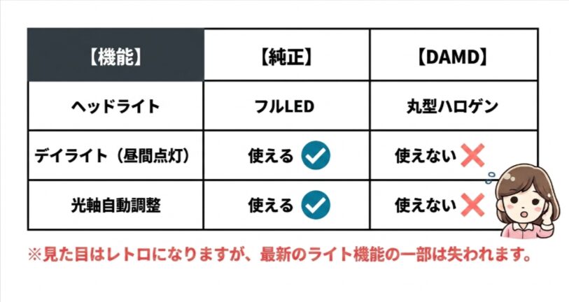 フリードクロスターの純正フルLEDとDAMD丸型ハロゲンのライト機能比較