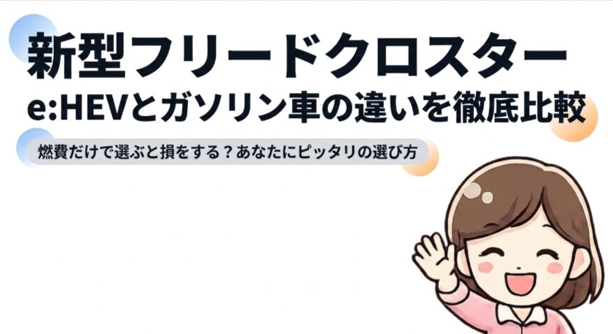 新型フリードクロスターのe:HEVとガソリン車の違いを、燃費だけでなく使い方に合わせて比較するアイキャッチ画像
