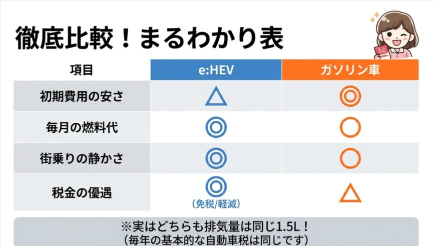 初期費用、燃料代、静かさ、税金優遇の違いをe:HEVとガソリン車で比較した表