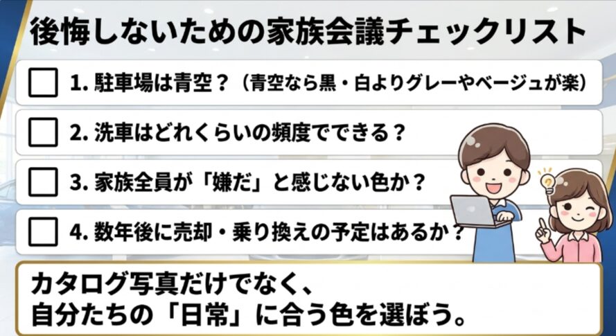 フリードクロスターの色選びで家族と確認したい駐車場、洗車頻度、好み、売却予定のチェックリスト