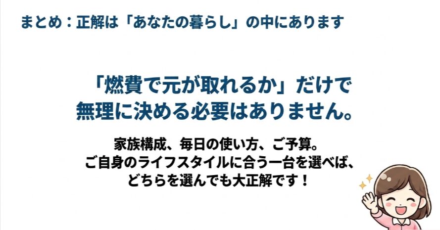 燃費だけで決めず、家族構成や使い方、予算に合わせて選ぶことを伝えるまとめ画像
