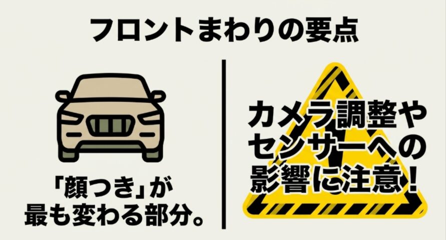 フロントグリルやエアロで車の顔つきが変わり、カメラ調整やセンサーへの影響に注意が必要であることを示す図