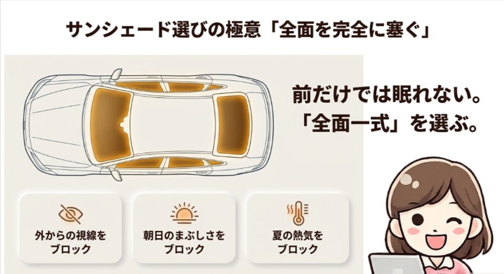 新型フリードのフロント・サイド・リアをサンシェードで覆い視線と朝日と熱を遮るイメージ