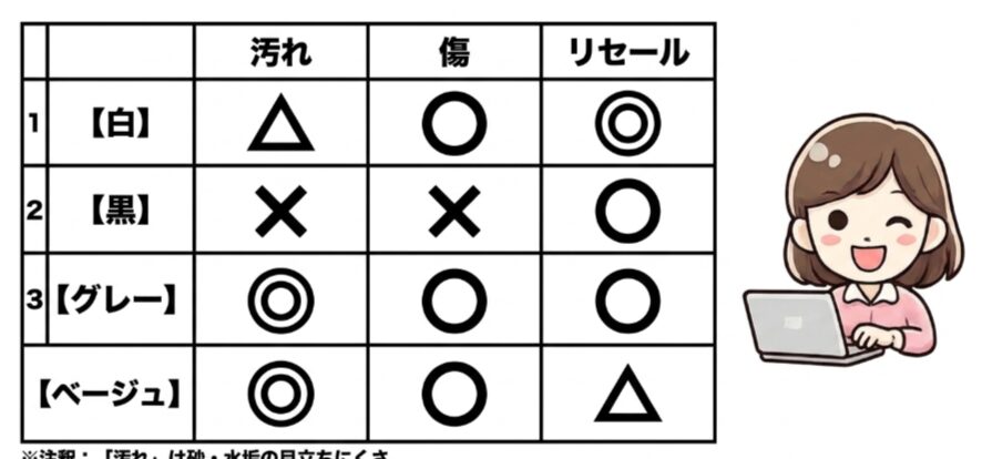 フリードクロスターの白、黒、グレー、ベージュを汚れ、傷、リセールで比較した診断表