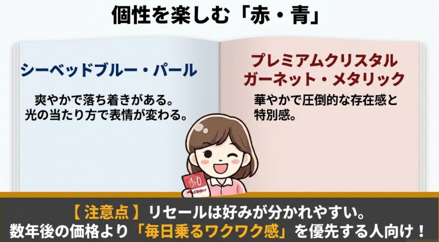 フリードクロスターのシーベッドブルーパールとプレミアムクリスタルガーネットメタリックの個性を比較したスライド