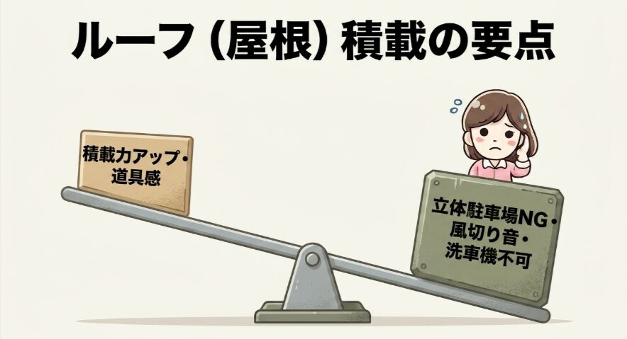 ルーフキャリアによる積載力とアウトドア感に対し、全高、風切り音、洗車機の利用制限を比較した図