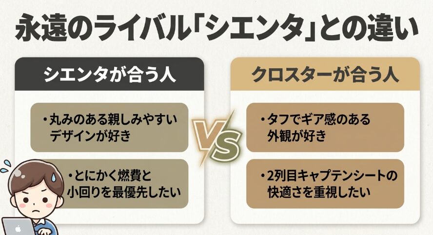 新型フリードクロスターとシエンタで向いている人の違いを比較した図解