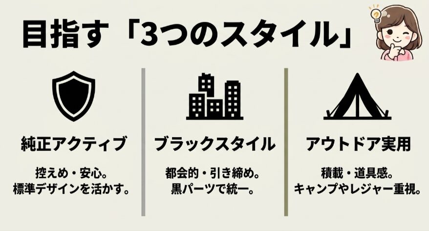 純正アクティブスタイル、ブラックスタイル、アウトドア実用スタイルの3方向を比較した図