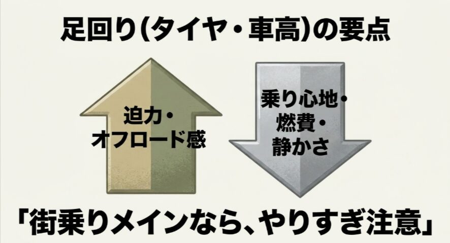 タイヤや車高の変更で迫力とオフロード感が増す一方、乗り心地、燃費、静粛性に影響することを示す図