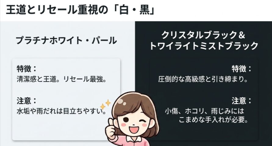 フリードクロスターのプラチナホワイトパールと黒系カラーの特徴や注意点を比較したスライド