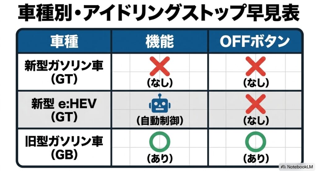 新型ガソリン車とeHEVと旧型ガソリン車のアイドリングストップ機能とOFFボタンの早見表