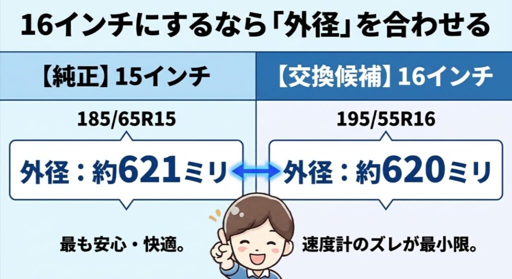 純正185/65R15と交換候補195/55R16のタイヤ外径を比較した図