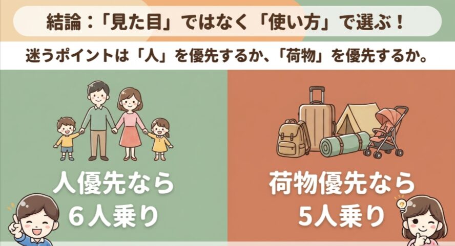 新型フリードクロスターは6人乗りなら人優先、5人乗りなら荷物優先で選びやすいことを示す図解