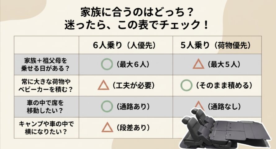 新型フリードクロスターの6人乗りと5人乗りを家族構成や荷物量で比較するチェック表