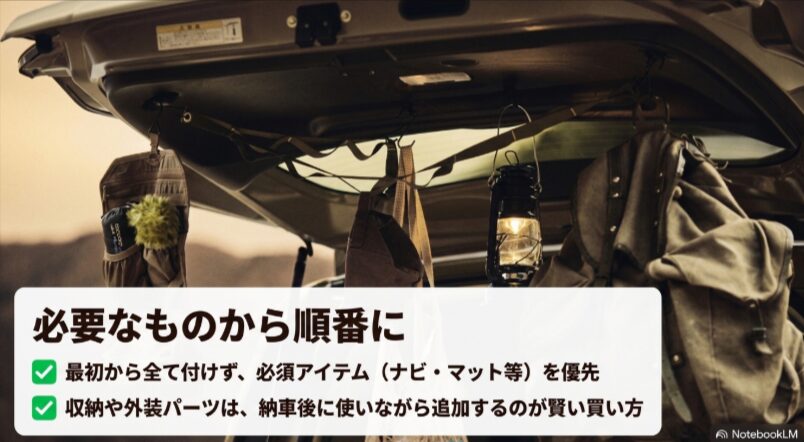 ナビやマットなどの必需品を優先し収納用品や外装パーツは納車後に追加する選び方
