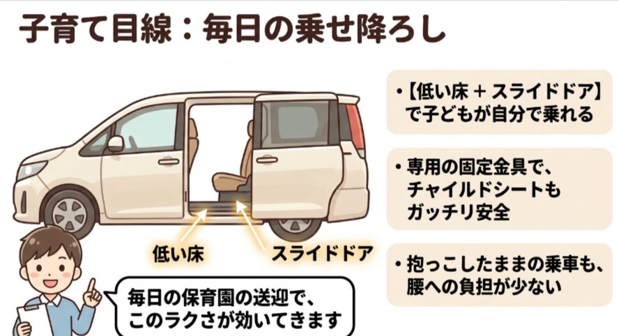 新型フリードクロスターは低い床とスライドドアで子どもの乗せ降ろしやチャイルドシート利用がしやすい