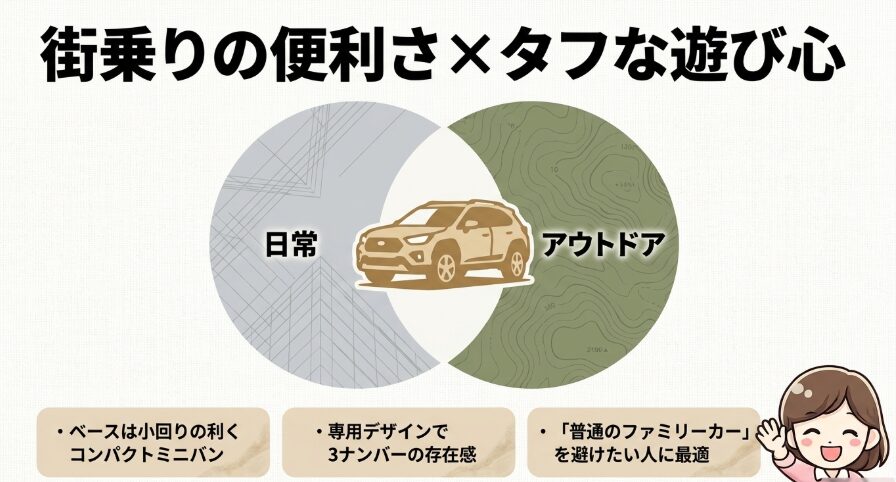 新型フリードクロスターが街乗りの便利さとアウトドア感を両立することを示す図解