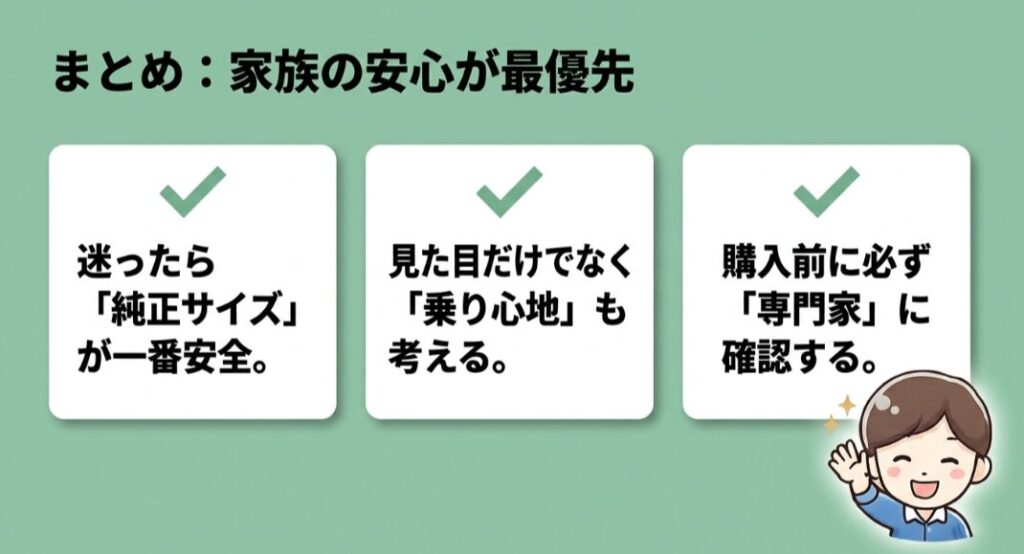 純正サイズ、乗り心地、専門店への確認を重視するタイヤとホイール選びのまとめ画像