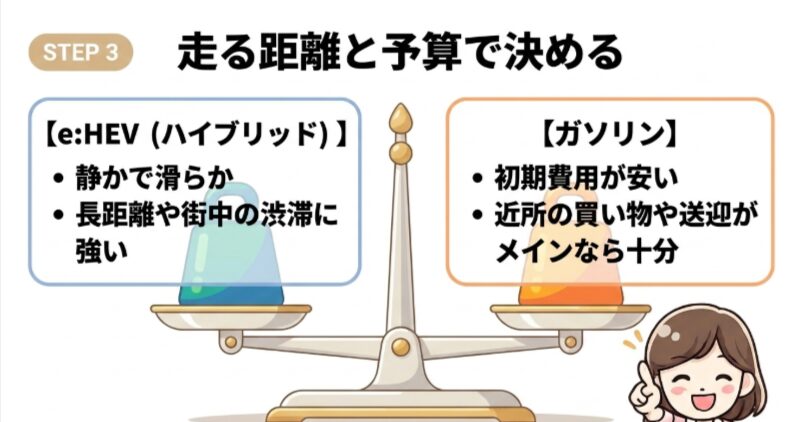 e:HEVは静かさと長距離走行、ガソリン車は初期費用と近距離利用に向くと比較