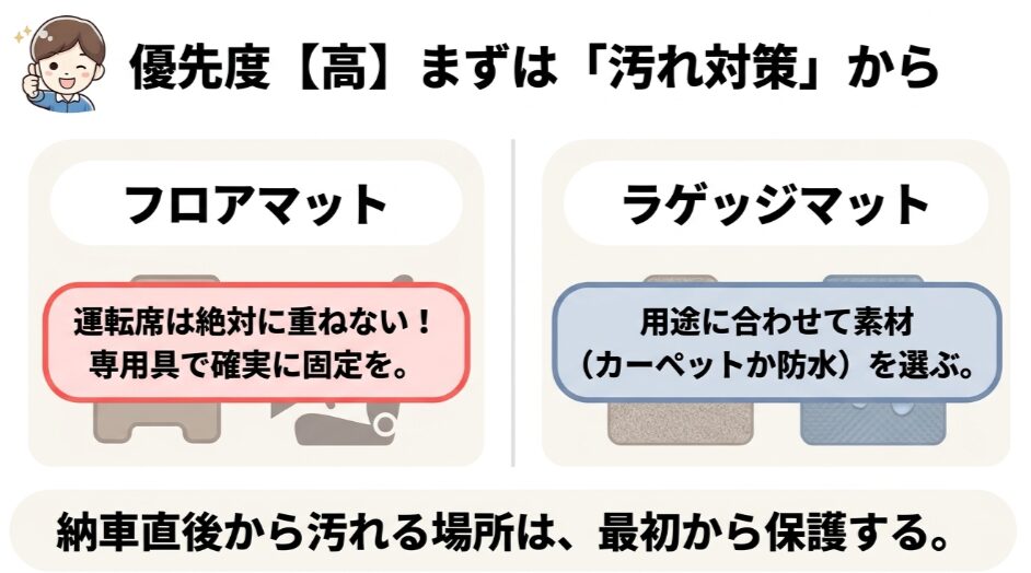 フロアマットは専用固定具で固定し、ラゲッジマットは用途に合う素材を選ぶ汚れ対策のポイント