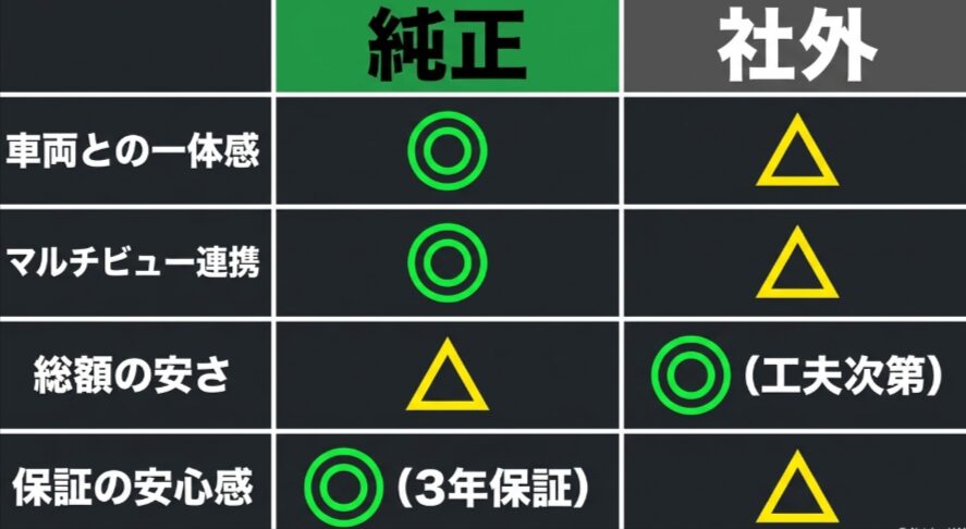 純正ナビと社外ナビを車両との一体感やマルチビュー連携と総額や保証で比較した表