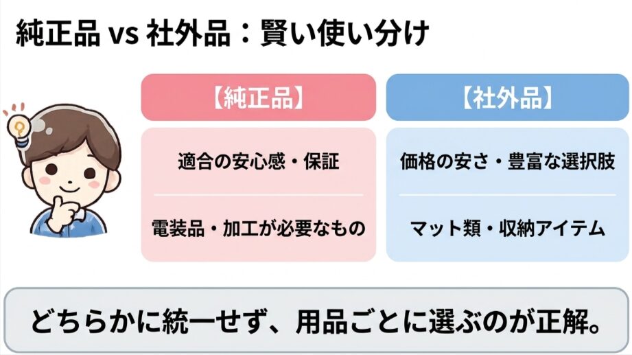 純正品は適合性と保証、社外品は価格と選択肢を重視して用品ごとに使い分ける比較図