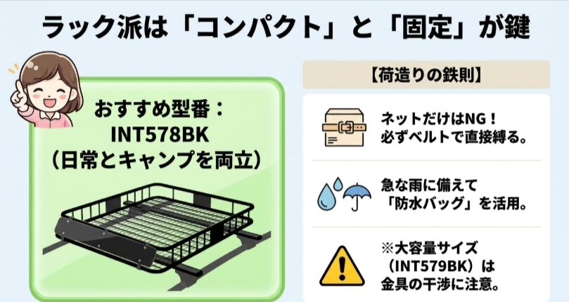 INT578BKルーフラックの特徴とベルト固定、防水バッグ、INT579BKの取付金具に関する注意点