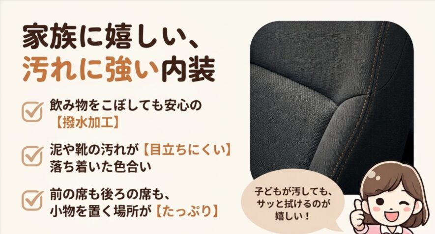 新型フリードクロスターの内装は撥水加工や汚れが目立ちにくい色合いで家族利用に向いている