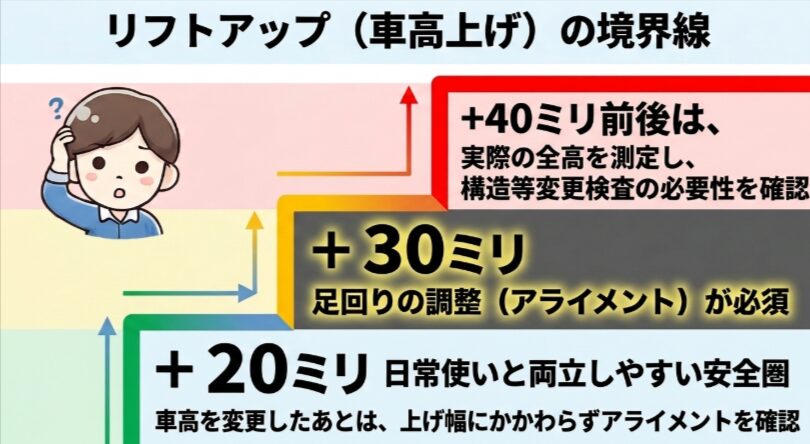 20mm、30mm、40mmのリフトアップ量ごとに、日常使用、アライメント、車検の注意点を示した図