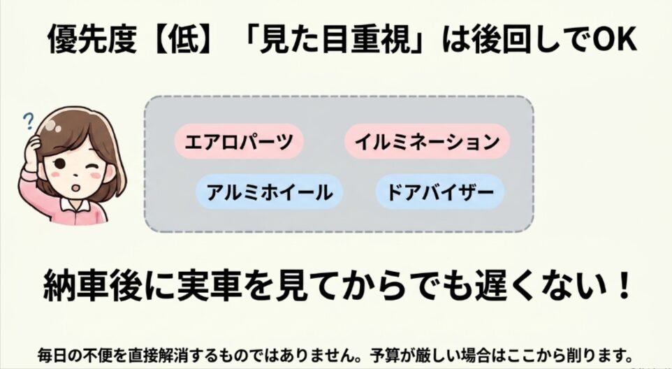 エアロパーツ、イルミネーション、アルミホイール、ドアバイザーは納車後にも検討できることを示す図