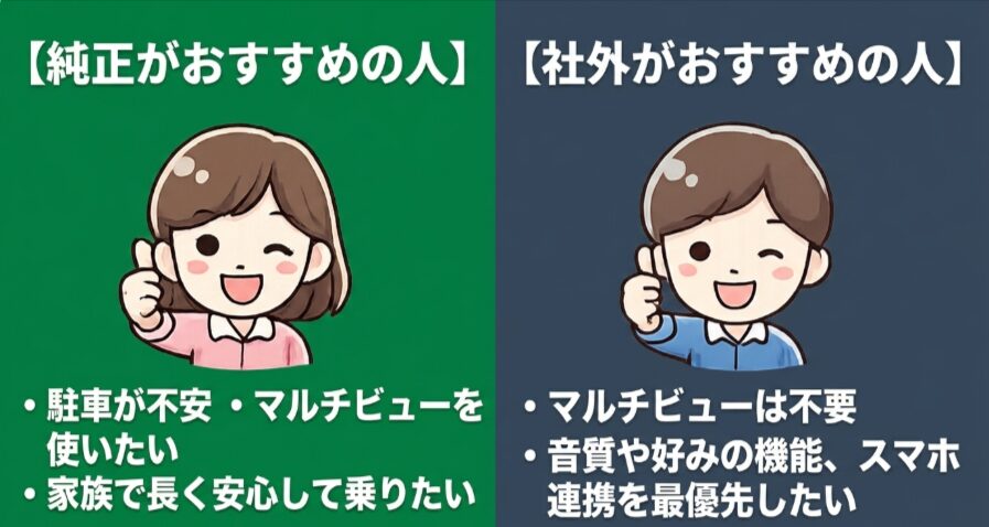 新型フリードクロスターで純正ナビと社外ナビが向いている人を使い方別に比較した図