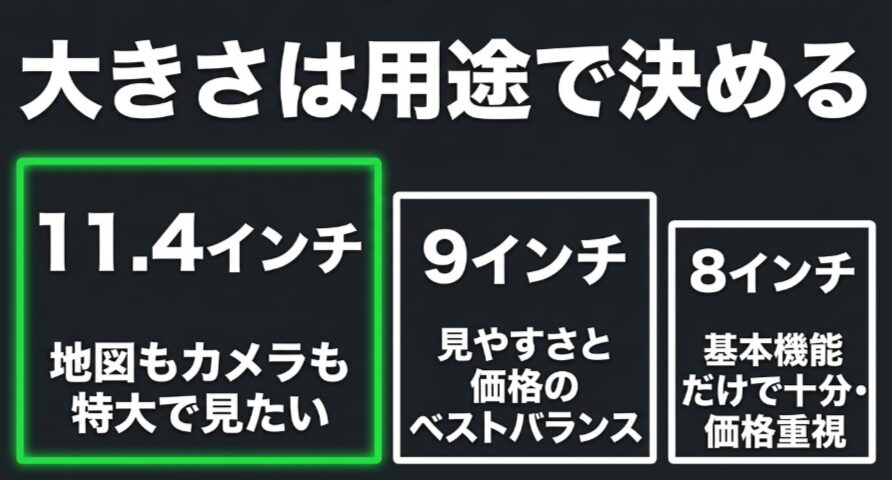 新型フリードクロスターの8インチ9インチ11.4インチナビを用途別に比較した図