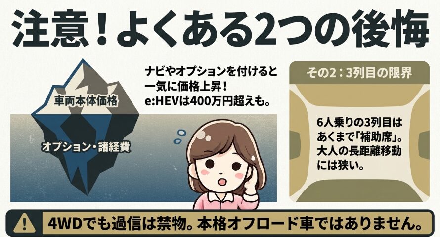 新型フリードクロスターの価格上昇や3列目、4WDの注意点をまとめた図解
