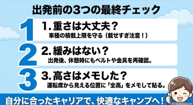 出発前に積載重量、ベルトや取付金具の緩み、ルーフキャリア装着後の全高を確認する3項目